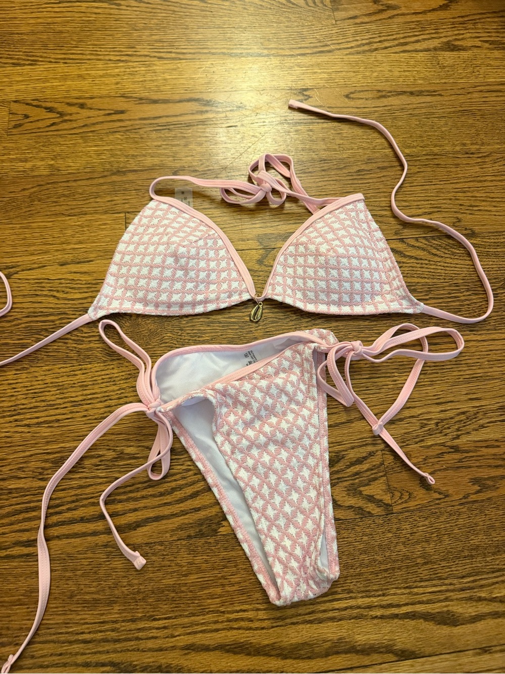 SHEIN Pink Textured Tie-Side Triangle Bikini